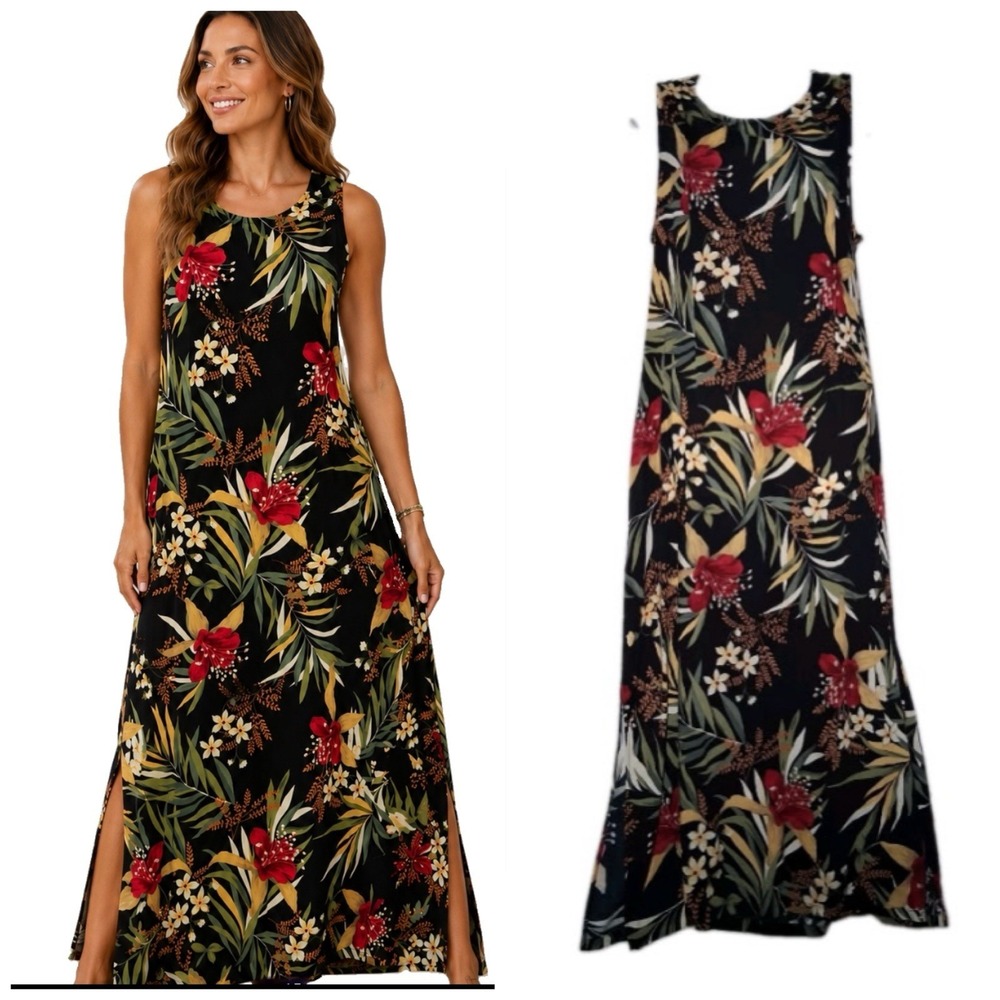Requirements Womens Maxi Dress Size XL Rayon Black Red Floral Hibiscus Tie Waist